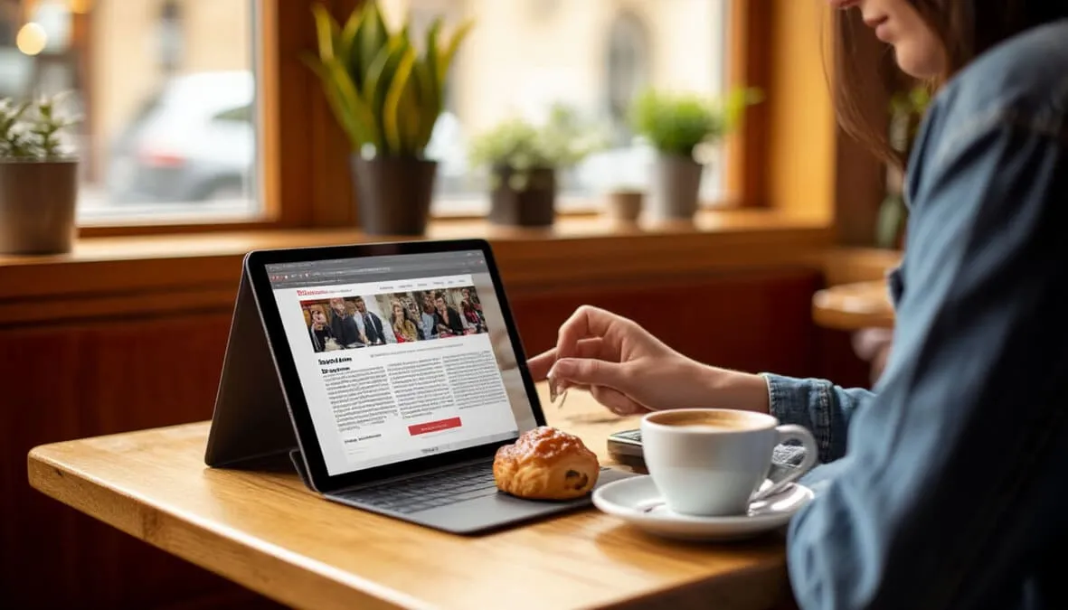 Persona leyendo noticias deportivas en una tablet junto a un café