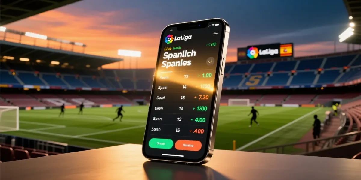 Guía completa de apuestas en vivo en LaLiga con smartphone mostrando cuotas en tiempo real sobre fondo de estadio de fútbol
