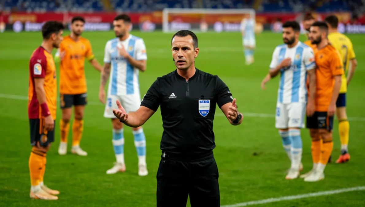 &Aacute;rbitro de LaLiga controlando el juego durante un partido intenso