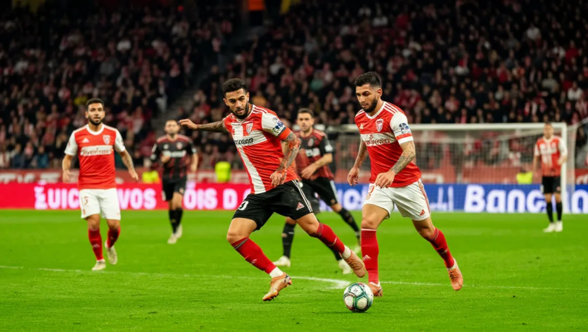 Jugadores del Rayo Vallecano atacando en el Estadio de Vallecas con la afici&oacute;n de fondo