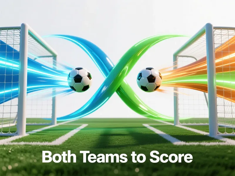 Concepto visual del mercado BTTS con dos porterías enfrentadas y balones entrando simultáneamente representando ambos equipos marcando