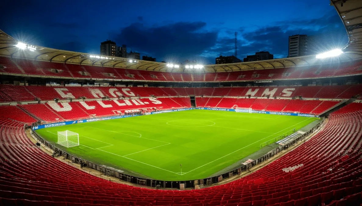 Vista panor&aacute;mica del Estadio de Vallecas iluminado durante un partido nocturno