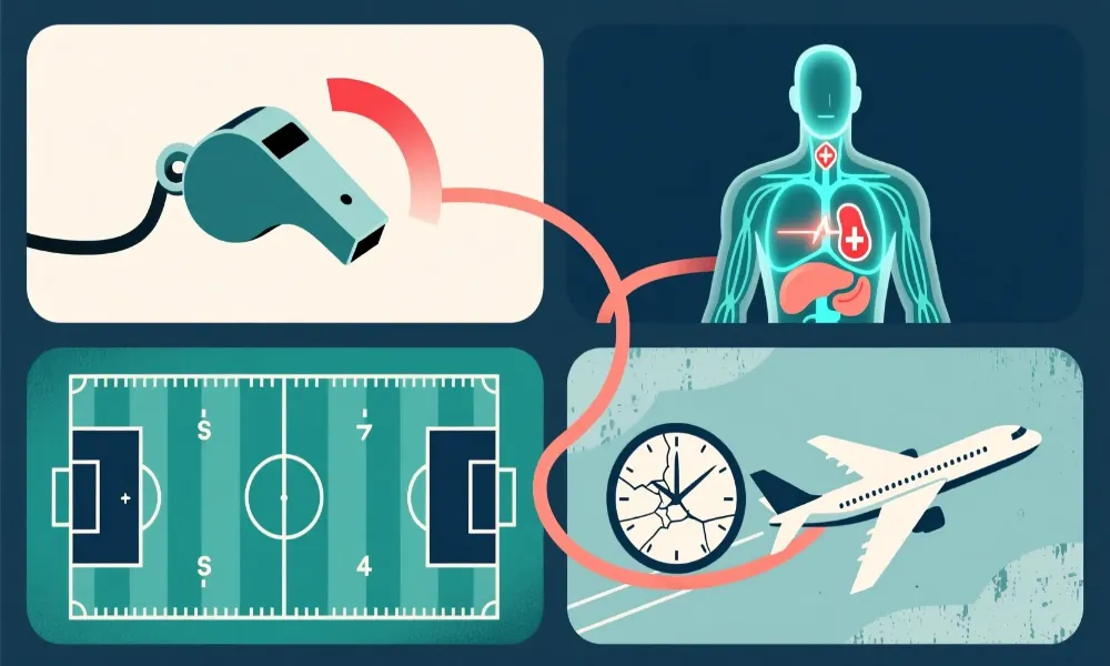 Infografía científica mostrando los cuatro factores principales de la ventaja local: sesgo arbitral, hormonas, familiaridad y fatiga del viaje