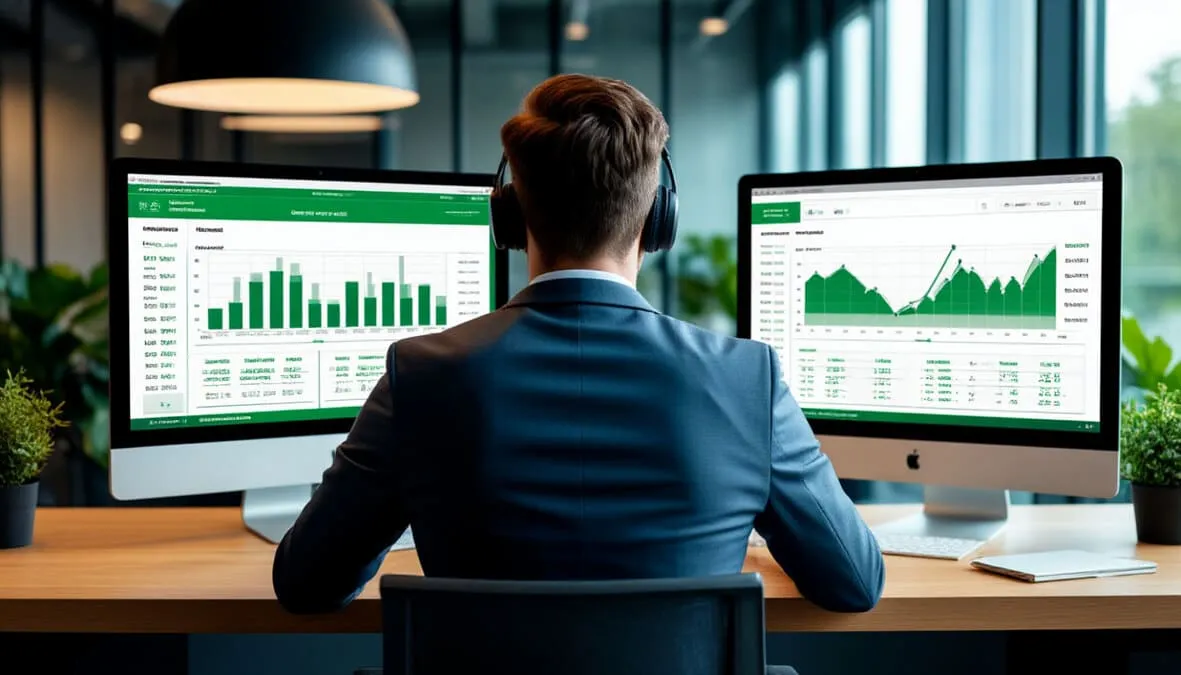 Analista revisando estad&iacute;sticas de f&uacute;tbol en m&uacute;ltiples pantallas