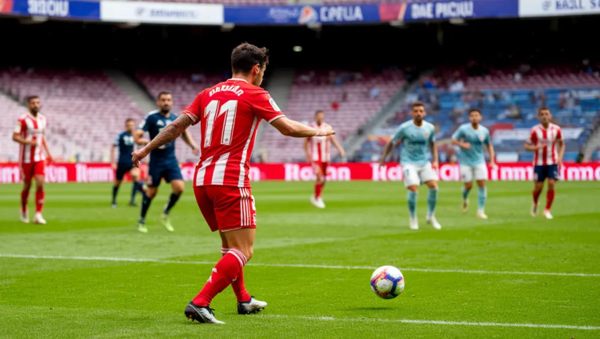 Vista de un saque de esquina en un partido de LaLiga con jugadores posicionados