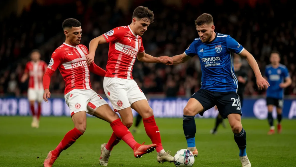 Aficionados del Rayo Vallecano apoyando al equipo en partido europeo nocturno
