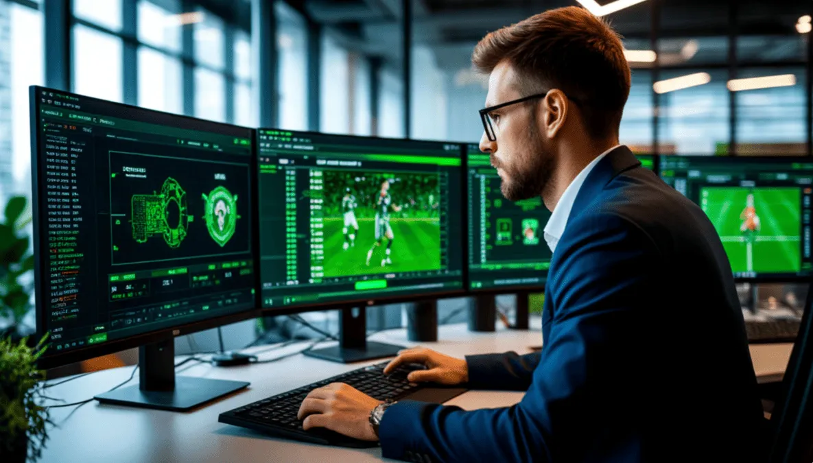 Analista de f&uacute;tbol estudiando estad&iacute;sticas de partidos en pantallas