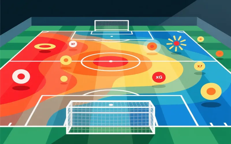 Mapa de calor del campo de f&uacute;tbol mostrando zonas de probabilidad de gol xG desde alta cerca de la porter&iacute;a hasta baja en zonas lejanas