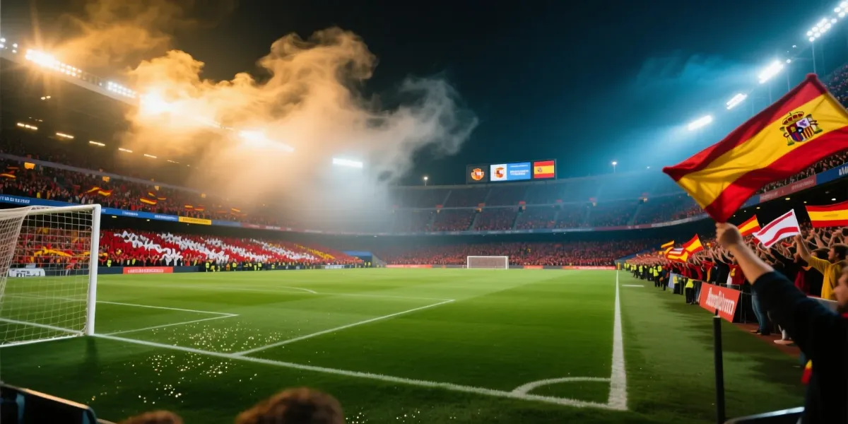 Estadio de fútbol español lleno de aficionados por la noche mostrando la atmósfera intimidante del factor campo en LaLiga