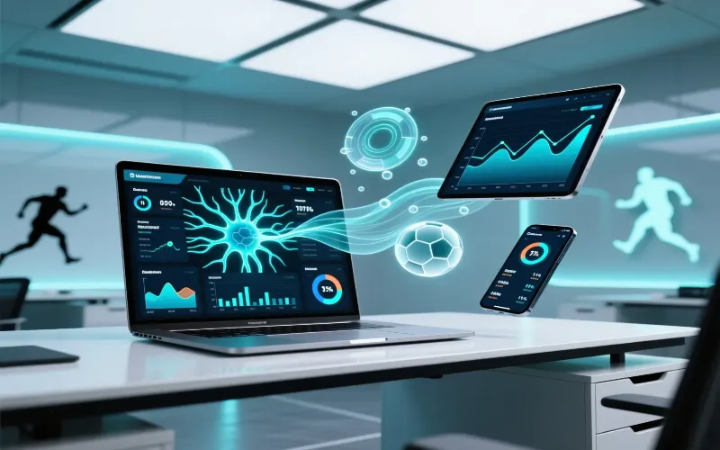 Configuraci&oacute;n de m&uacute;ltiples dispositivos para an&aacute;lisis de estad&iacute;sticas de f&uacute;tbol con laptop, tablet y smartphone mostrando dashboards de datos