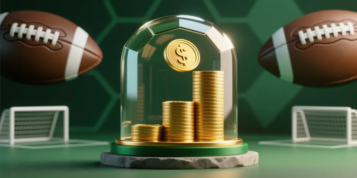 Concepto profesional de gestión de bankroll para apuestas de fútbol con monedas apiladas y escudo protector simbolizando crecimiento y seguridad del capital