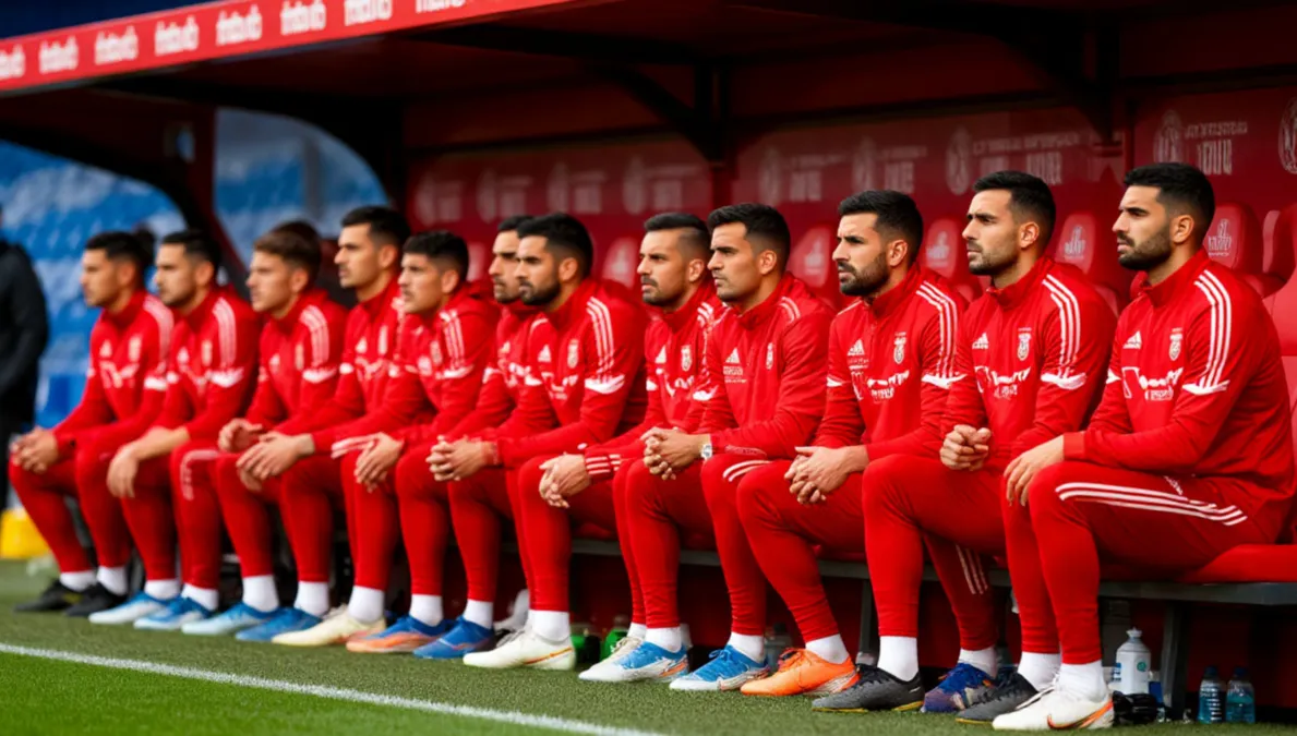 Banquillo del Rayo Vallecano con jugadores suplentes preparados para rotar