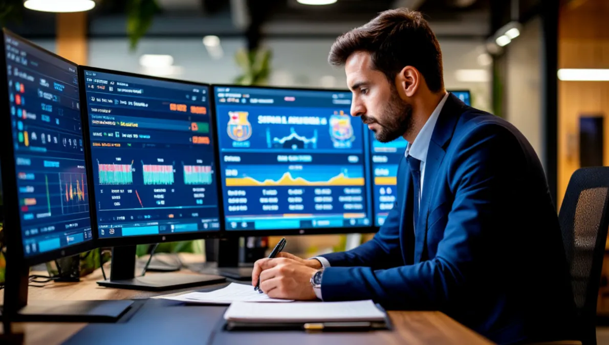 Analista estudiando estadísticas del Rayo Vallecano antes de un partido