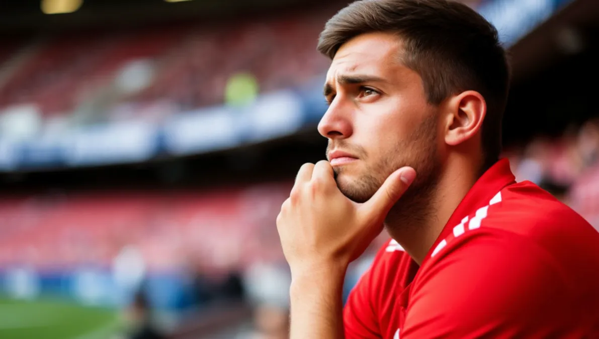 Aficionado reflexionando sobre decisiones de apuestas en fútbol