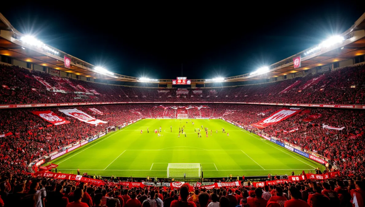 Vista panorámica del Estadio de Vallecas lleno de aficionados durante un partido nocturno