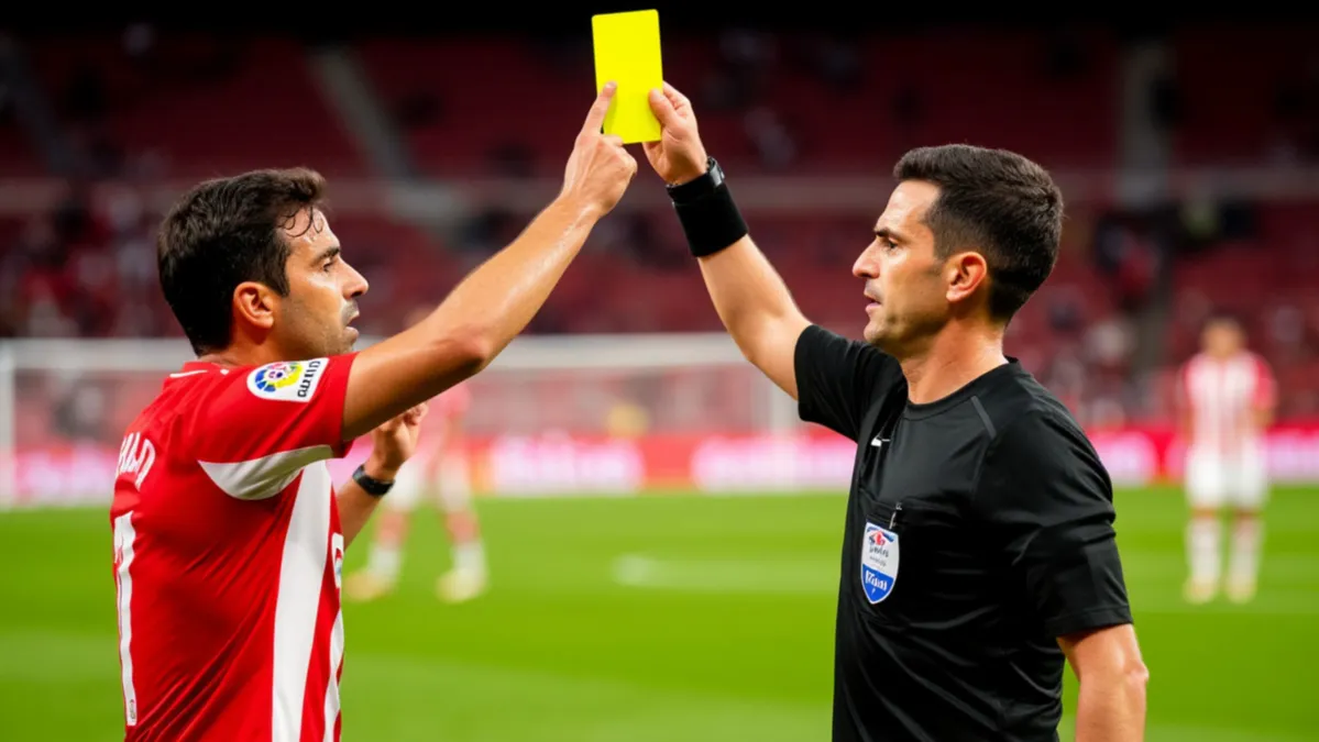 Árbitro mostrando tarjeta amarilla durante un partido del Rayo Vallecano