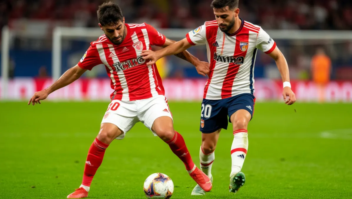 Mediocampista del Rayo Vallecano disputando un bal&oacute;n dividido