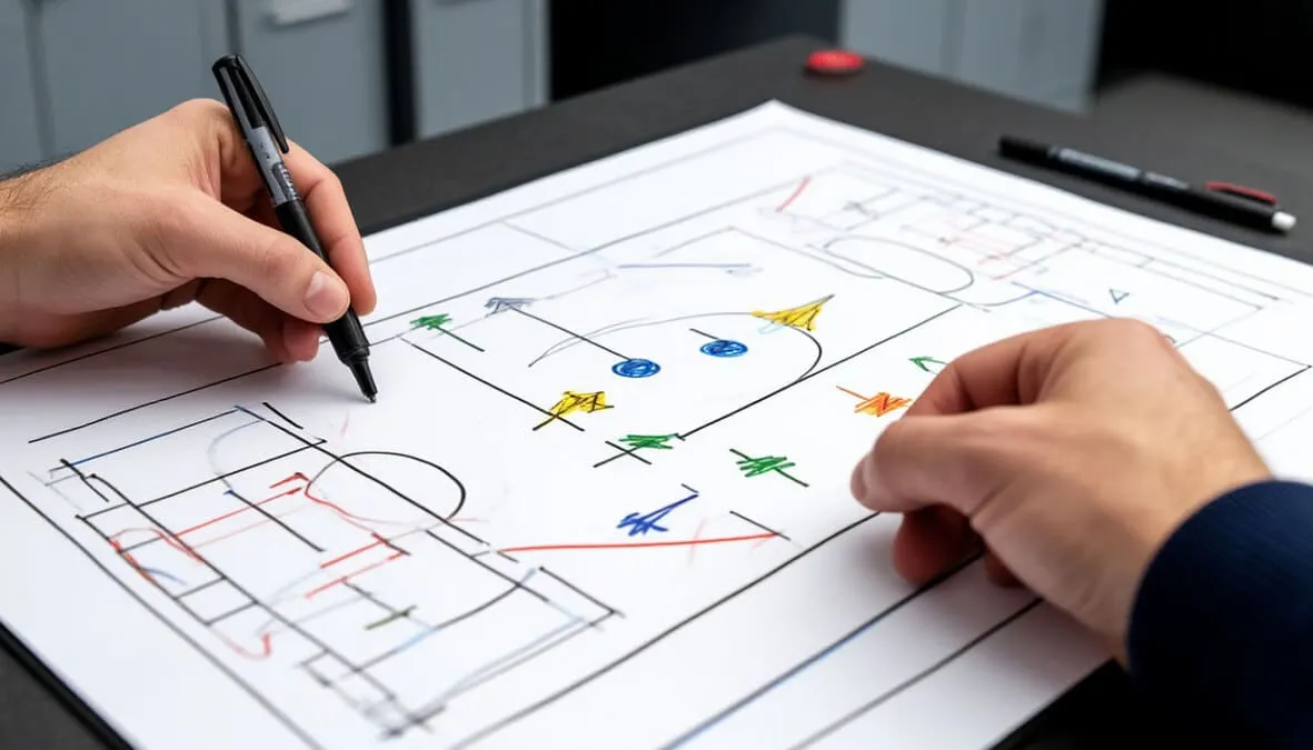 Pizarra táctica de fútbol con diagramas de jugadas dibujados