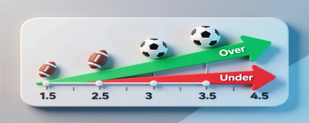 Infografía de líneas de goles over y under mostrando umbrales de 1.5, 2.5, 3.5 y 4.5 goles con indicadores direccionales