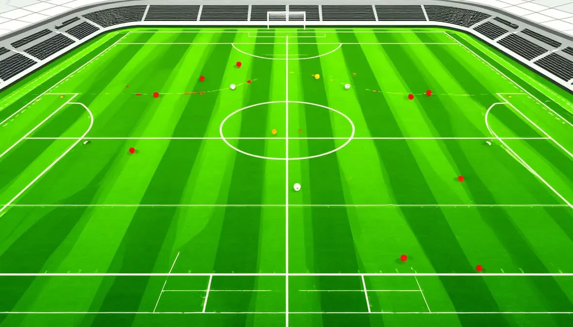 Visualización de mapa de tiros de fútbol con puntos de colores indicando posiciones de disparo