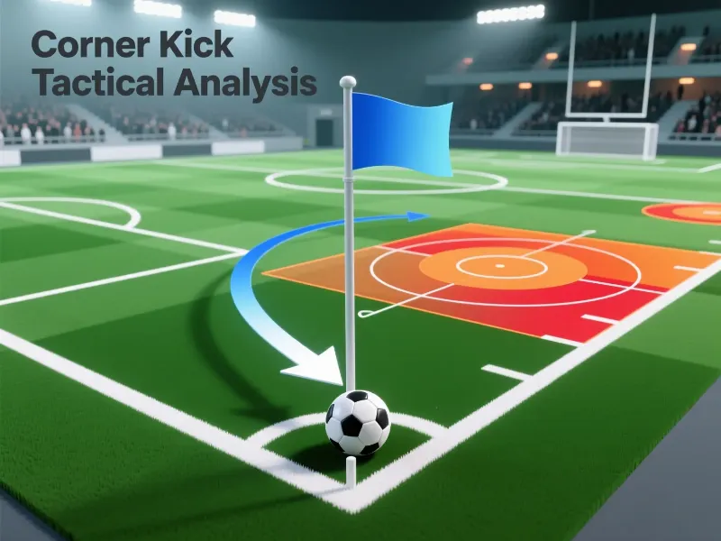 Vista aérea de saque de esquina con trayectoria hacia el área y mapa de calor de zonas de remate para análisis de apuestas a córners