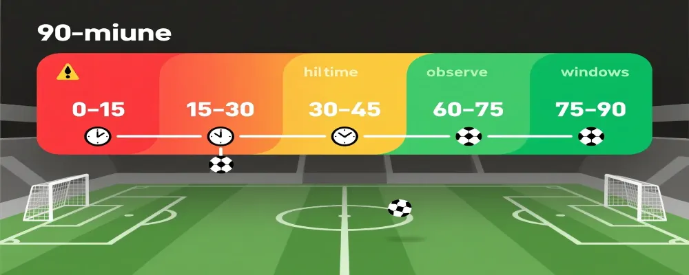 Línea temporal visual de los 90 minutos de un partido de fútbol mostrando los momentos óptimos para realizar apuestas en vivo
