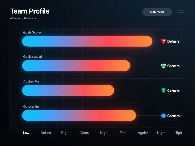 Gráficos de barras comparativos mostrando perfiles de equipos de LaLiga en métricas de goles y córners a favor y en contra