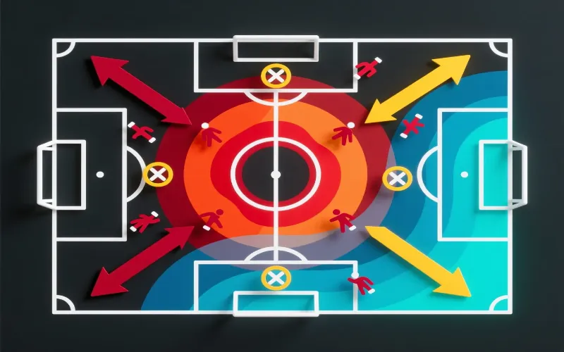 Diagrama t&aacute;ctico de campo de f&uacute;tbol mostrando zonas de presi&oacute;n alta PPDA con ondas de intensidad desde el &aacute;rea rival