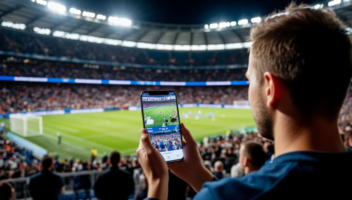 Aficionado siguiendo un partido en directo con dispositivo m&oacute;vil