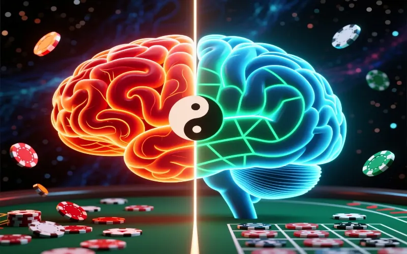 Ilustraci&oacute;n de cerebro dividido mostrando el contraste entre decisiones emocionales de apuesta en tilt versus enfoque racional y disciplinado