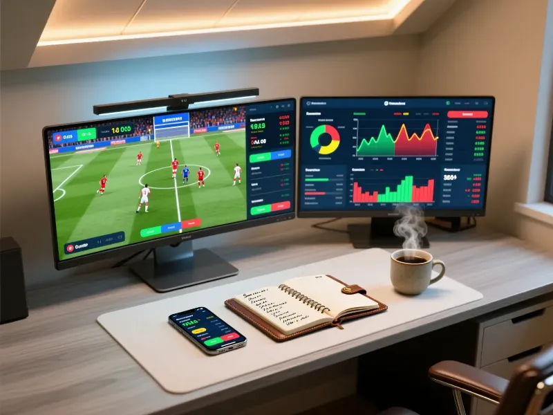 Configuración profesional de espacio de trabajo para apuestas deportivas con doble monitor, estadísticas en vivo y aplicación de apuestas