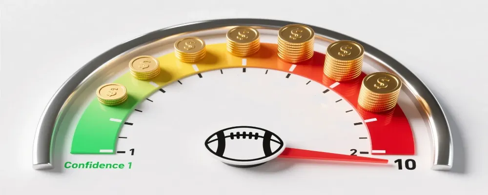 Escala visual del sistema de stakes mostrando niveles de confianza desde bajo hasta alto con indicadores de tama&ntilde;o de apuesta proporcionales