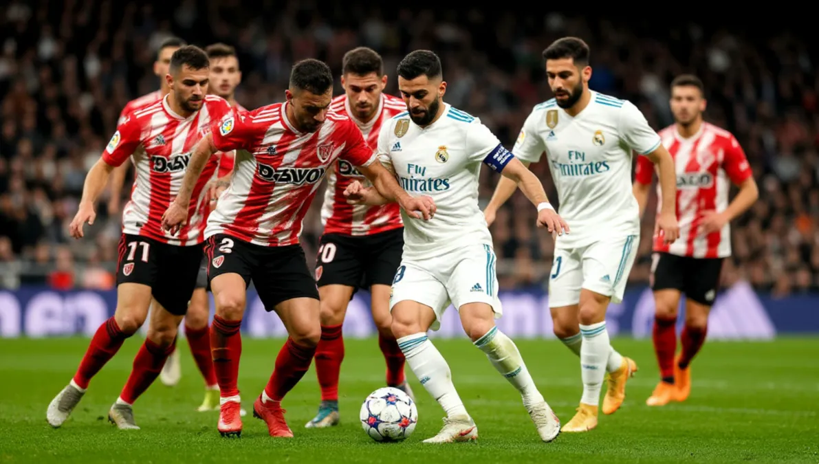 Jugadores del Rayo Vallecano presionando a jugadores del Real Madrid durante el derbi